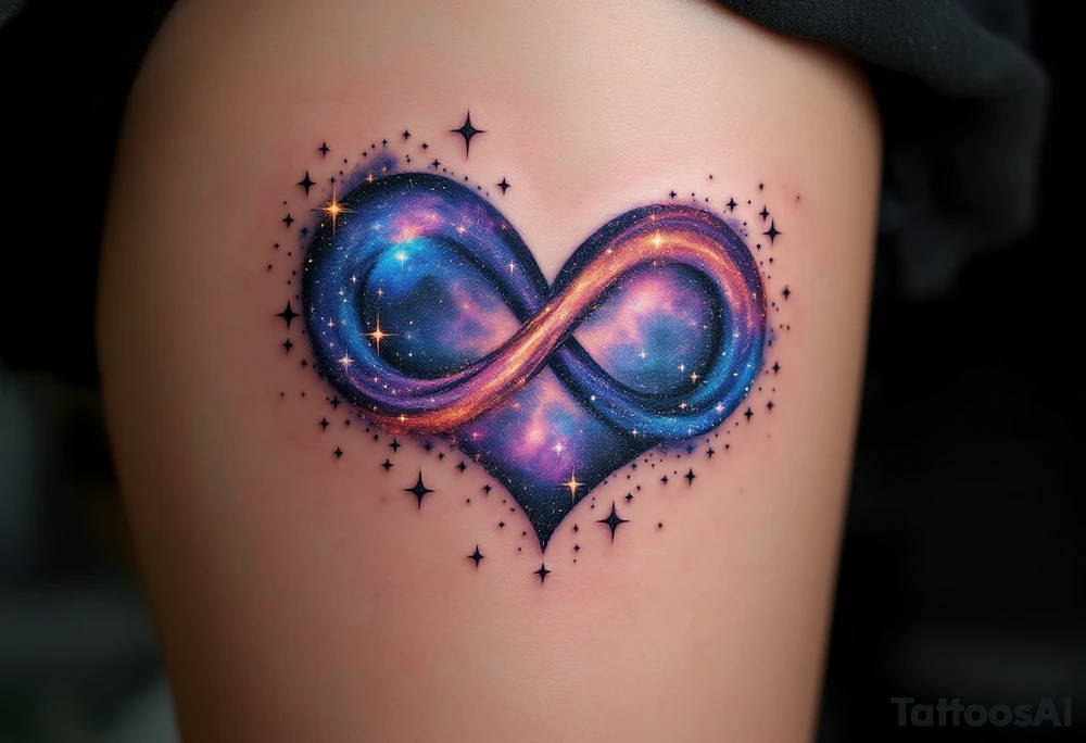A dreamy galaxy-themed infinity with stars and nebula textures, wrapping gently around a violet heart. tattoo idea