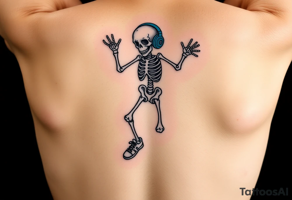 Funny small skeleton jump on exercises jump rope with a blue headphones and blue tennis shoes tattoo idea