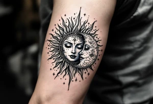 celestial sun and moon embrace with constellation patterns tattoo idea