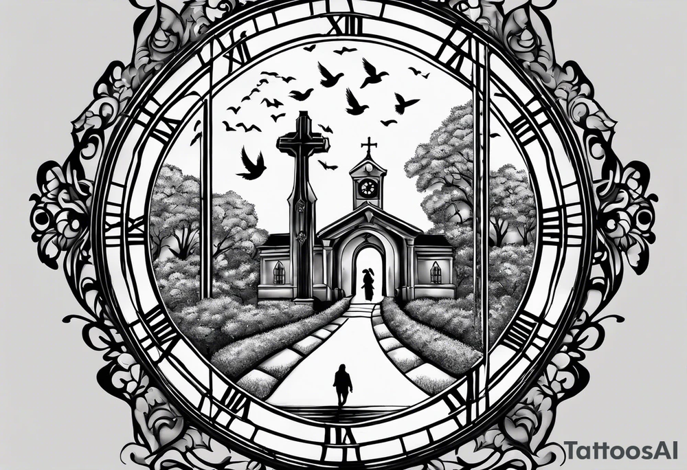 Forearm tattoo:
Mawmaw
07-05-38 / 09-23-24
Grandson and grandma silhouette holding hands walking up to the gates of heaven with the gates opened shinning bright with a cross and Doves flying around and a Big Busted clock behind it with the time of her death 7:00pm tattoo idea