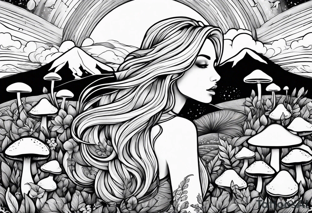 Straight blonde hair girl facing mountains surrounded by mushrooms crescent moon tattoo idea