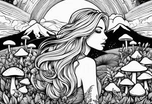 Straight blonde hair girl facing mountains surrounded by mushrooms crescent moon tattoo idea