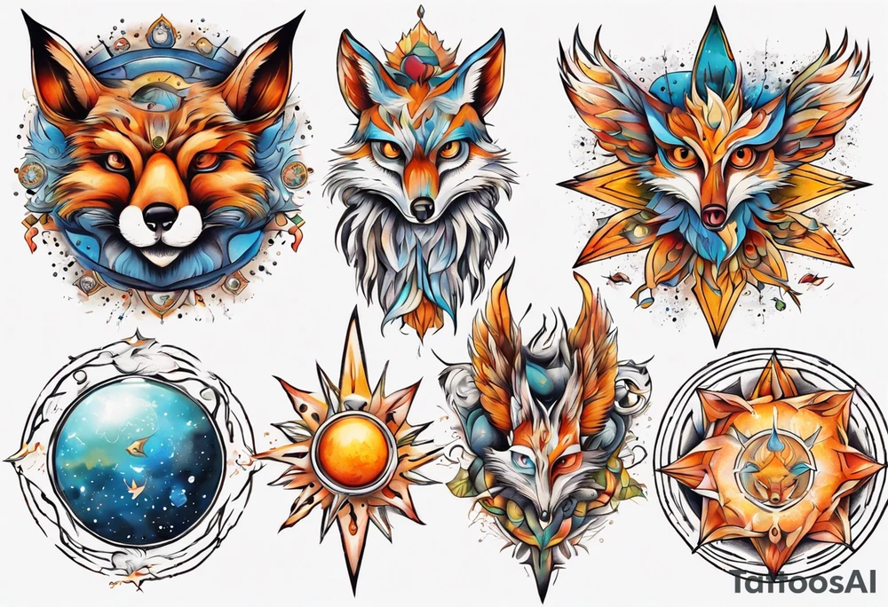 fisch, fuchs und eule , symetrie  sonne, universum, bunt, " sapere aude" tattoo idea