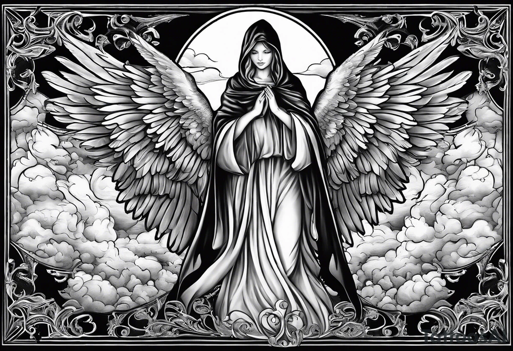 one big hooded angel with 3 angels flying in the back with shading and clouds tattoo idea