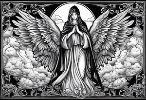 one big hooded angel with 3 angels flying in the back with shading and clouds tattoo idea