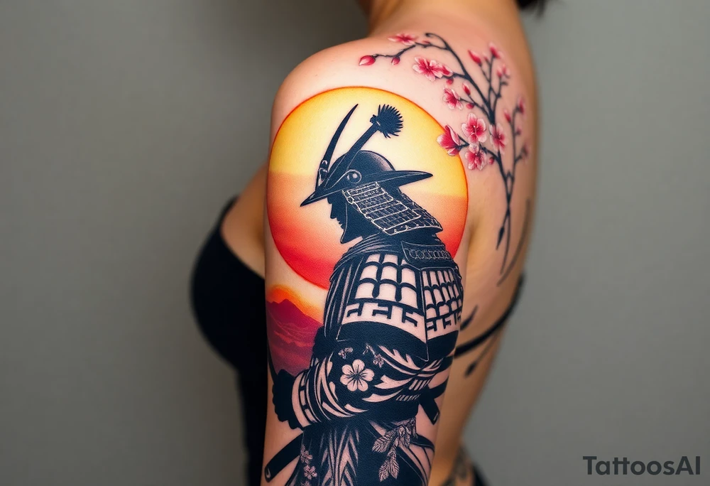 noble samurai warrior silhouette at sunset with cherry blossoms tattoo idea