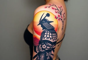 noble samurai warrior silhouette at sunset with cherry blossoms tattoo idea