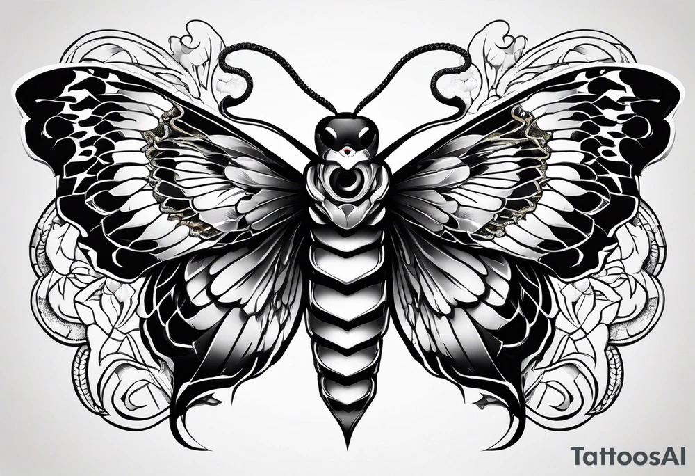 snake head wings on moth tattoo idea