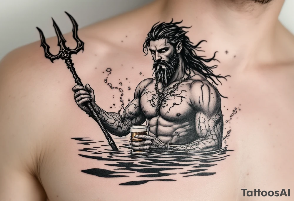 young, fit poseidon in calm water, holding a trident, holding a beer, looking at you tattoo idea