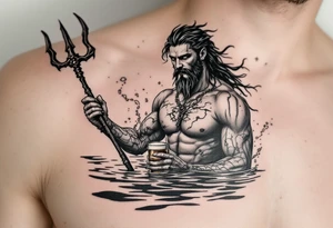 young, fit poseidon in calm water, holding a trident, holding a beer, looking at you tattoo idea