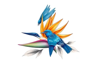 Bird of paradise flower with blue bird tattoo idea