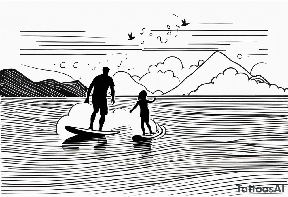 Black and white Line work tattoo depicting a father surfing with his two daughters.  The sunset and horizon have musical notes. tattoo idea