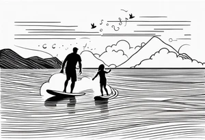 Black and white Line work tattoo depicting a father surfing with his two daughters.  The sunset and horizon have musical notes. tattoo idea