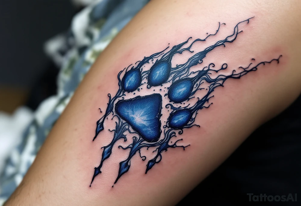 A deep blue and silver Veles’ paw print, surrounded by smoke-like swirls, symbolizing magic, wilderness, and transformation. tattoo idea