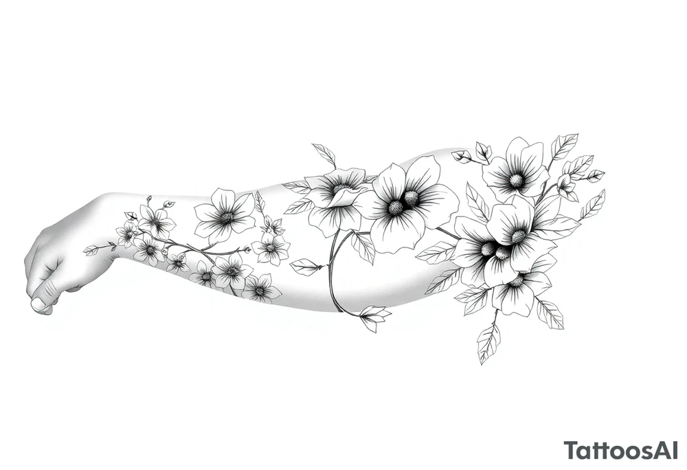 Full sleeve tattoo design of larkspur and hawthorn flowers, highly detailed line art, black ink, elegant botanical style, intertwined composition, no shading, no human mock-up, clean stencil style suitable for tattooing, fit fully within boundaries. LINE ART ONLY, REMOVE HUMAN, NO SKIN tattoo idea