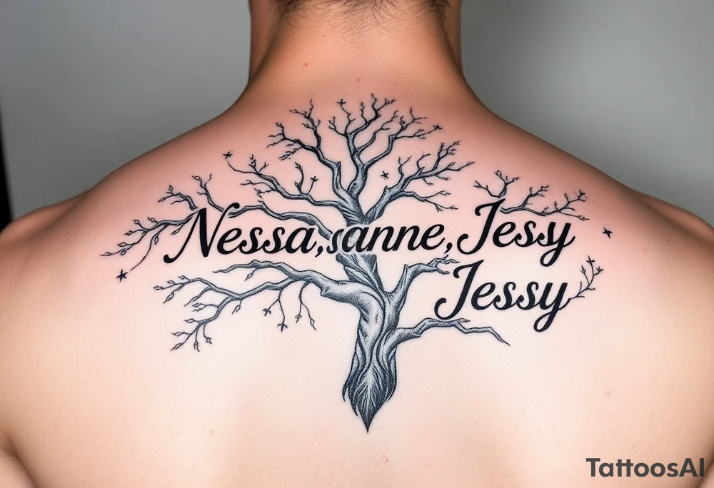 the name Nessa, Anne, Jessy
 on a live tree tattoo idea