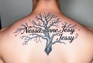the name Nessa, Anne, Jessy
 on a live tree tattoo idea