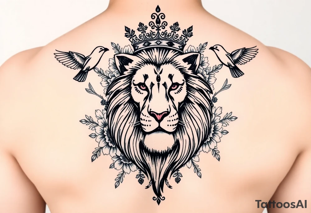 powerful majestic lion with a crown, surrounded by floral ornaments and birds tattoo idea