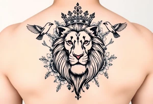 powerful majestic lion with a crown, surrounded by floral ornaments and birds tattoo idea