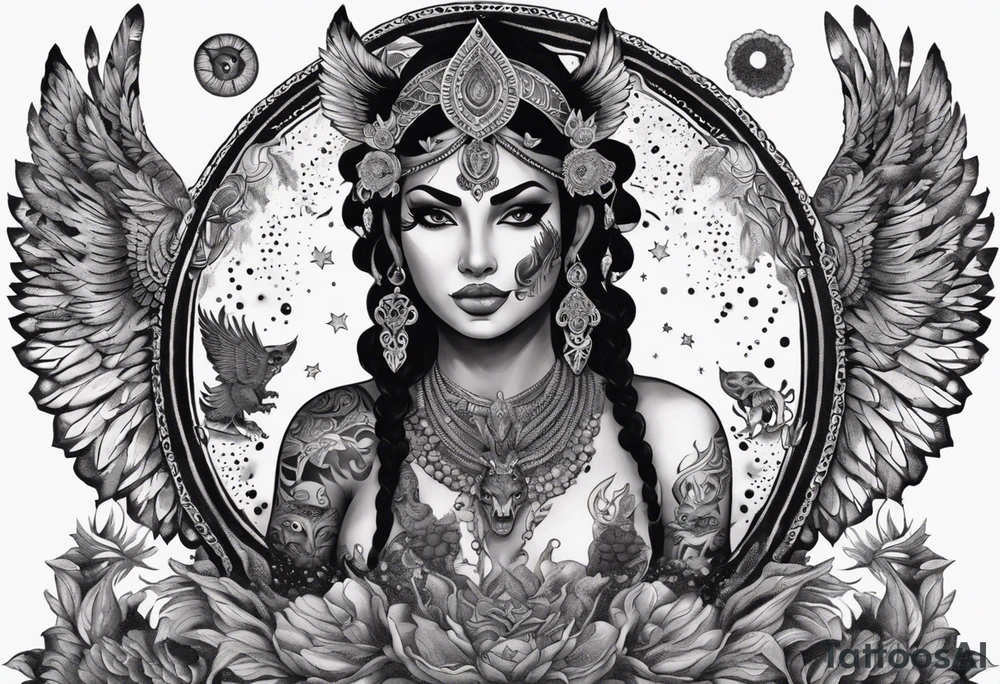 black kali, goddess pirate, alien, angel, pachamama, valkrye, warrior, flying, skull, lotus azul, wing, eagle, zenza resonance, stars, 5D, anahata chakra, death, durga, riding on a tiger, flying lady, kundalini, chest tatoo, samuri, rebel tattoo idea