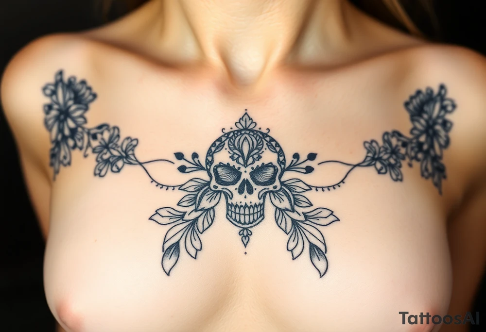 Stunning underboob tattoo with lace and elegant mandala skull tattoo idea