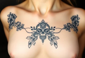 Stunning underboob tattoo with lace and elegant mandala skull tattoo idea