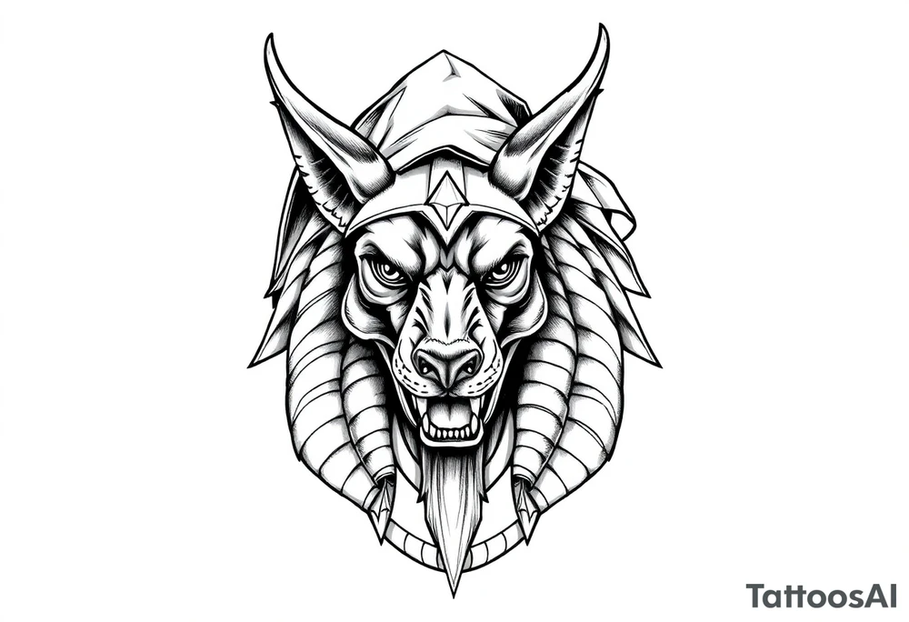 Egyptian Anubis god powerful face muscle in Egypt style with mantle on head dog face long ears tattoo idea