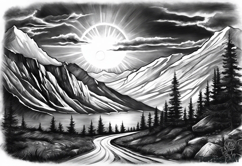 Half sleeve. View from the base of the mountains looking up to the sun. The sun is a clock that reads 12:01 to signify a new day. I want a clock tower in the middle of the mountains with the times my two sons were born. This tattoo represents overcoming massive obstacles and becoming a better person. tattoo idea