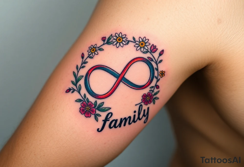 An infinity symbol surrounded by a wreath of wildflowers, with the word "family" flowing beneath tattoo idea
