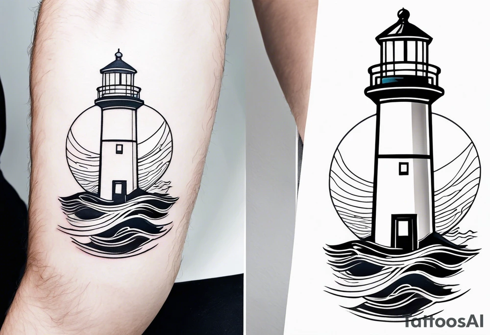 lighthouse at the ocean and waves, VERY minimalist, fine line great colored tattoo idea
