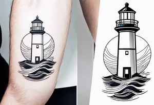 lighthouse at the ocean and waves, VERY minimalist, fine line great colored tattoo idea