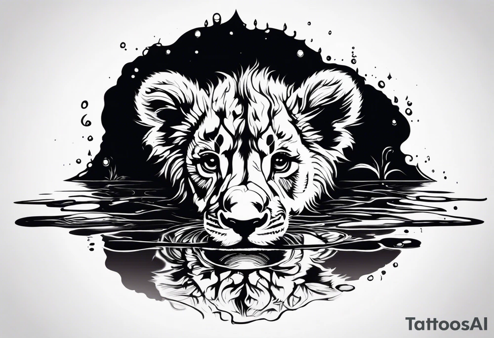 a baby lion looking in a puddle of water at his reflection which shows a full grown lion tattoo idea