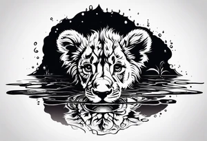 a baby lion looking in a puddle of water at his reflection which shows a full grown lion tattoo idea