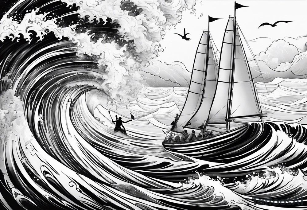 Poseidon im Meer mit windsurfer im hintergrund tattoo idea
