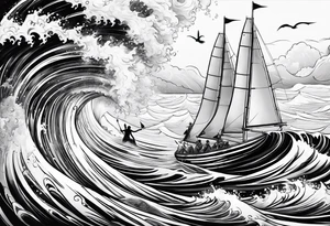 Poseidon im Meer mit windsurfer im hintergrund tattoo idea
