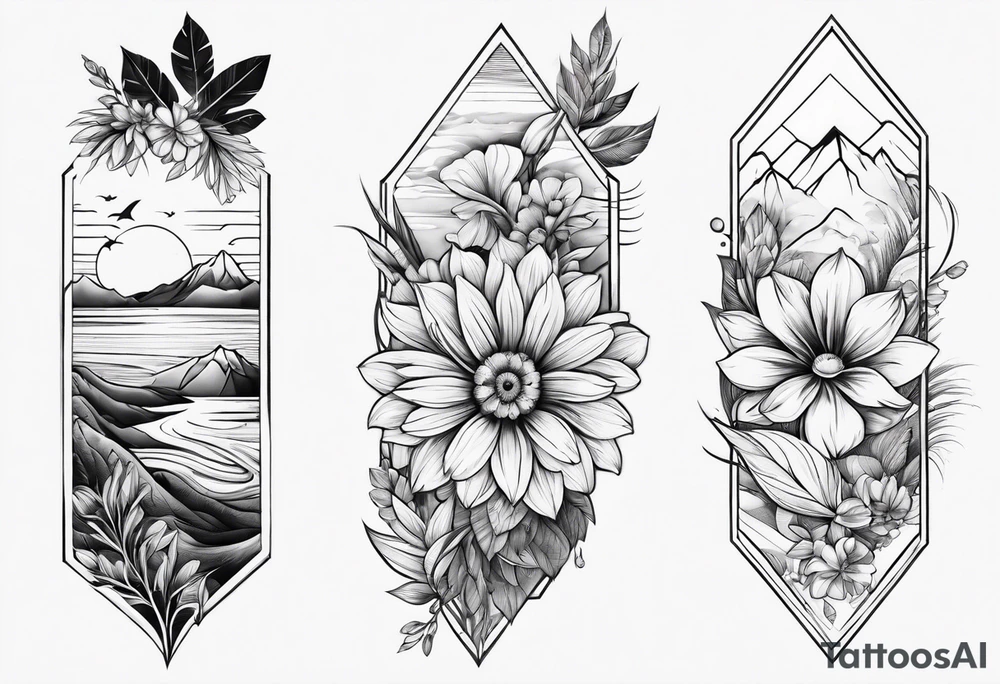 hand sleeve tatto flower beach mountain tattoo idea