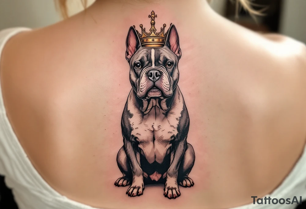Stafford with Crown – A proud Staffordshire Bull Terrier sitting upright with a gold crown tilted on its head, done in black and gray with subtle gold highlights. tattoo idea