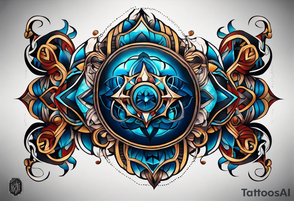 semi Detailed neo traditional knee tattoo flat on paper. The tattoo features geometric patterns and bold lines, creating a visually striking design with slight tints of deep fall colors. outside the tattoo features deep blues washes and water swirls tattoo idea
