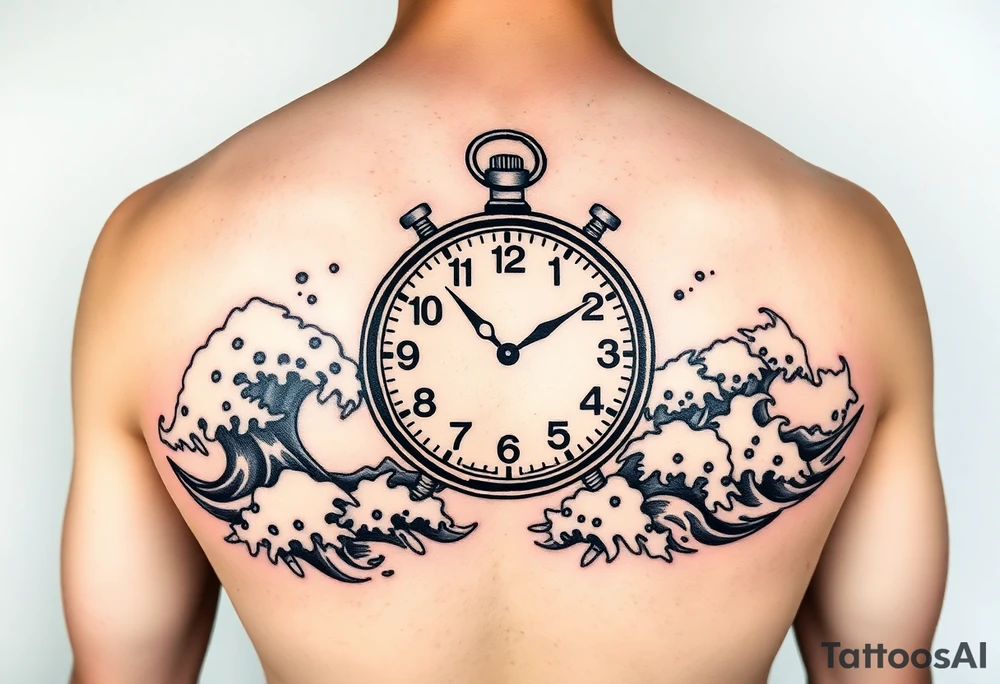 Nautical theme clock surrounded by waves in Japanese style tattoo idea