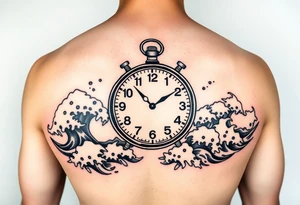 Nautical theme clock surrounded by waves in Japanese style tattoo idea