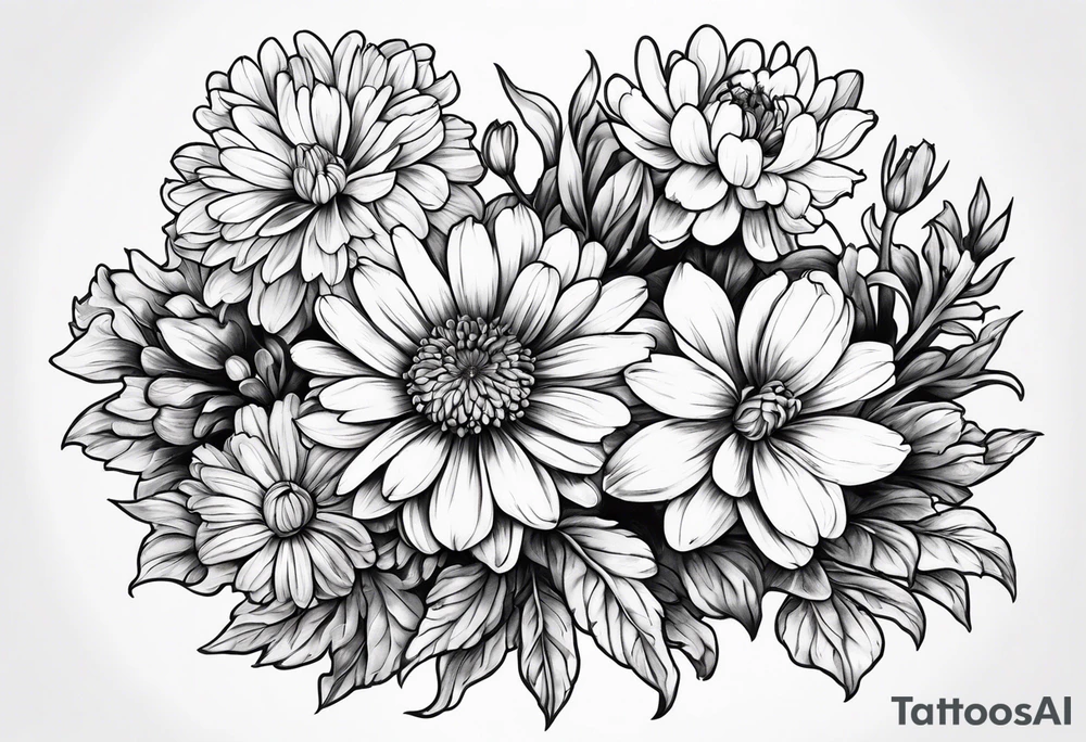 A stemless marigold, chrysanthemum, and 
narcissus tattoo idea