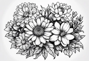 A stemless marigold, chrysanthemum, and 
narcissus tattoo idea