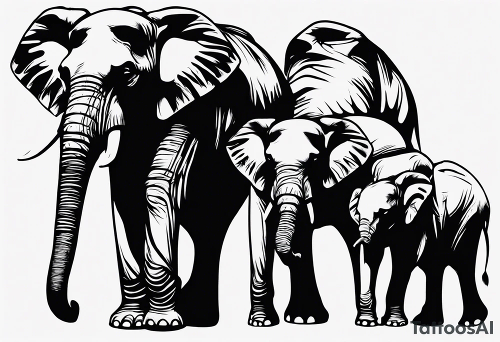 family of 6 elephants walking into sunset tattoo idea