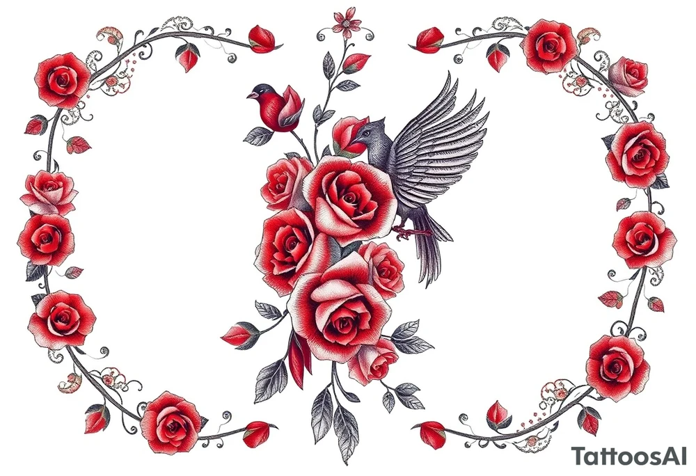 Vintage lace, red roses, red birds, vintage, wrap around, tighter together, no space open tattoo idea