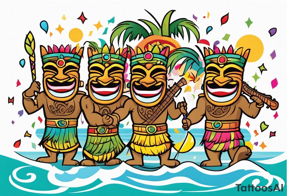 hulu tiki party with dancing tiki guys and sexy tiki girls on a beach with music notes and confetti around a blank space in the middle tattoo idea