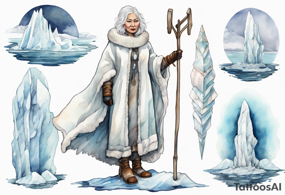 a middle aged Inuit woman with white hair, wearing mittens, wearing a white cloak, holding a white staff, wearing mukluks, standing on an iceberg in the sea tattoo idea