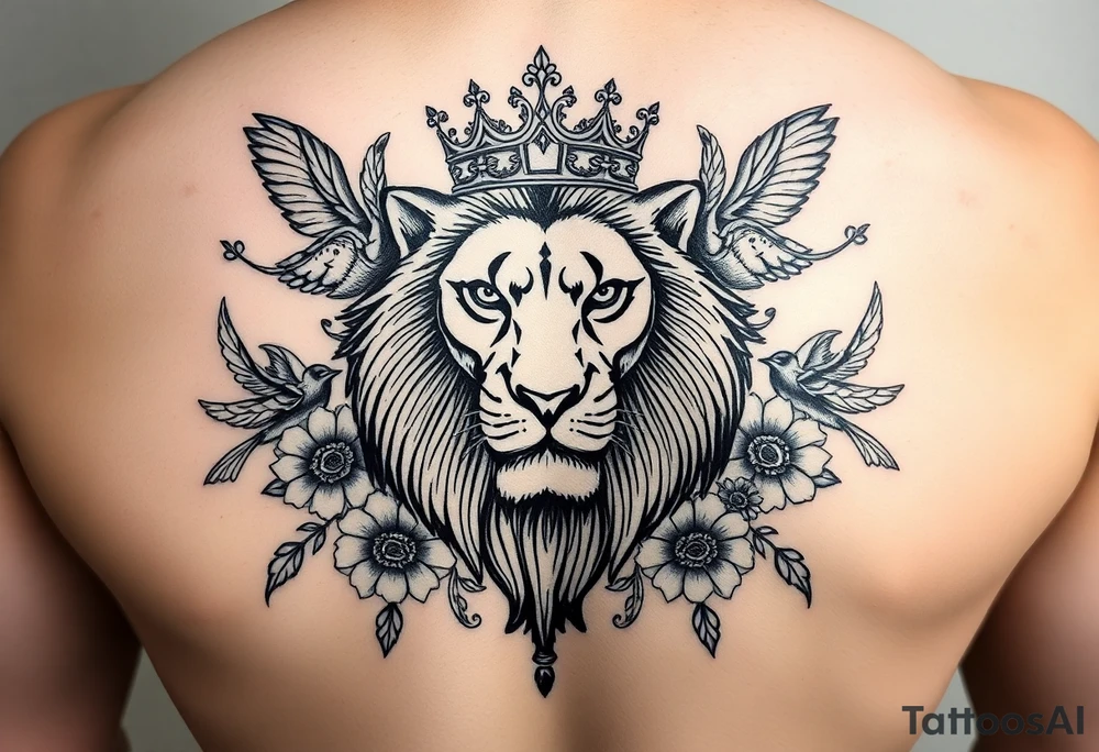 powerful majestic lion with a crown, surrounded by floral ornaments and birds tattoo idea