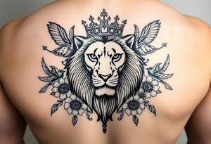 powerful majestic lion with a crown, surrounded by floral ornaments and birds tattoo idea