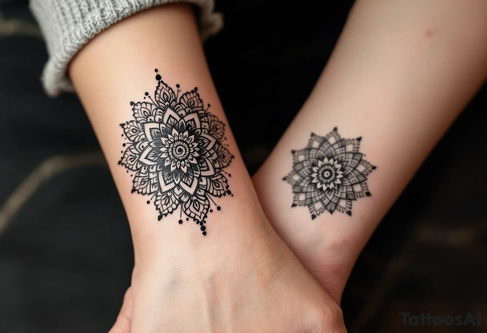 Each person wears half of a mandala heart, in black and gray dotwork, which completes when placed together.
Placement: Inner bicep or chest. tattoo idea