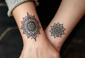 Each person wears half of a mandala heart, in black and gray dotwork, which completes when placed together.
Placement: Inner bicep or chest. tattoo idea